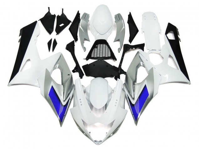2005-2006 Glänzend Weiß Mit Silbernen Akzenten & Blau Suzuki GSXR 1000 Motorrad Verkleidung 2005-2006 Glänzend Weiß Mit Silbernen Akzenten & Blau Suzuki GSXR 1000 Motorrad Verkleidung