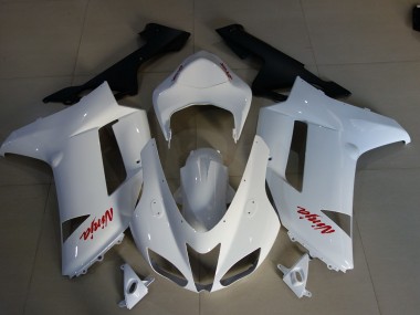 2007-2008 Glänzend Weiß & Rot Logos Kawasaki ZX6R Motorrad Verkleidung