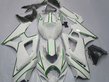 2007-2008 Glänzend Weißer Grüner Nadelstreifen Suzuki GSXR 1000 Motorrad Verkleidung