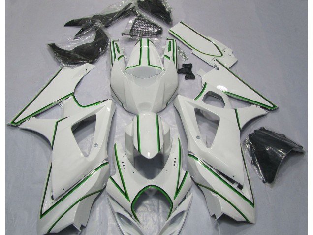 2007-2008 Glänzend Weißer Grüner Nadelstreifen Suzuki GSXR 1000 Motorrad Verkleidung