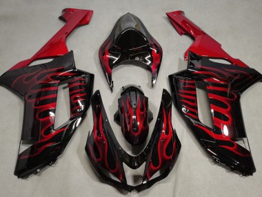 2007-2008 Schwarz Glänzend & Rot Flame Kawasaki ZX6R Motorrad Verkleidung
