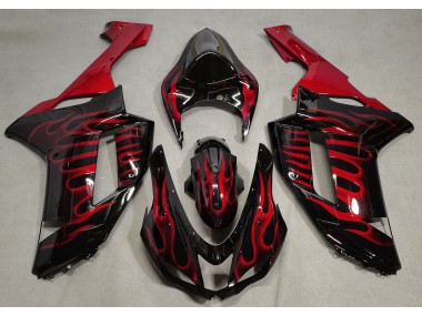 2007-2008 Schwarz Glänzend & Rot Flame Kawasaki ZX6R Motorrad Verkleidung