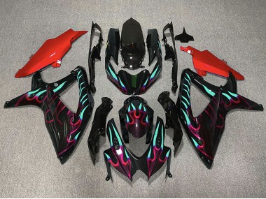 2008-2010 Rot & Cyan Flamme Suzuki GSXR 600-750 Motorrad Verkleidung