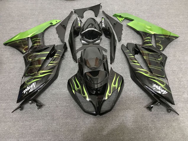 2009-2012 Schwarz Glänzend & Grün Flame Kawasaki ZX6R Motorrad Verkleidung